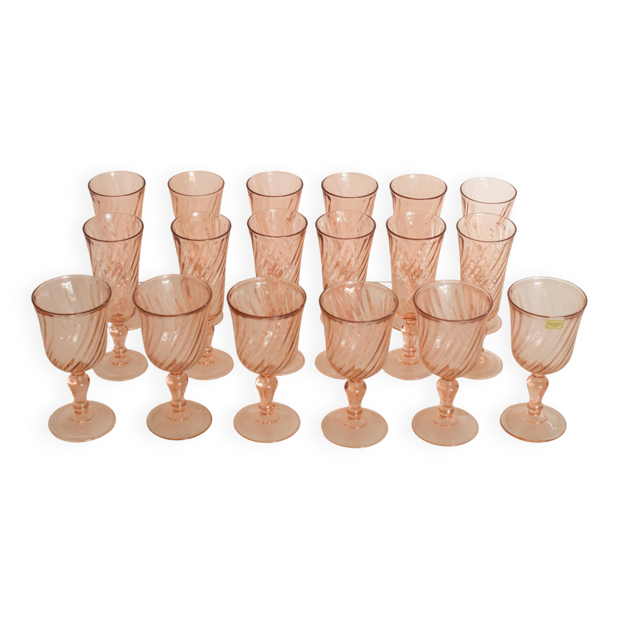 Set of 12 champagne flutes and 6 large glasses