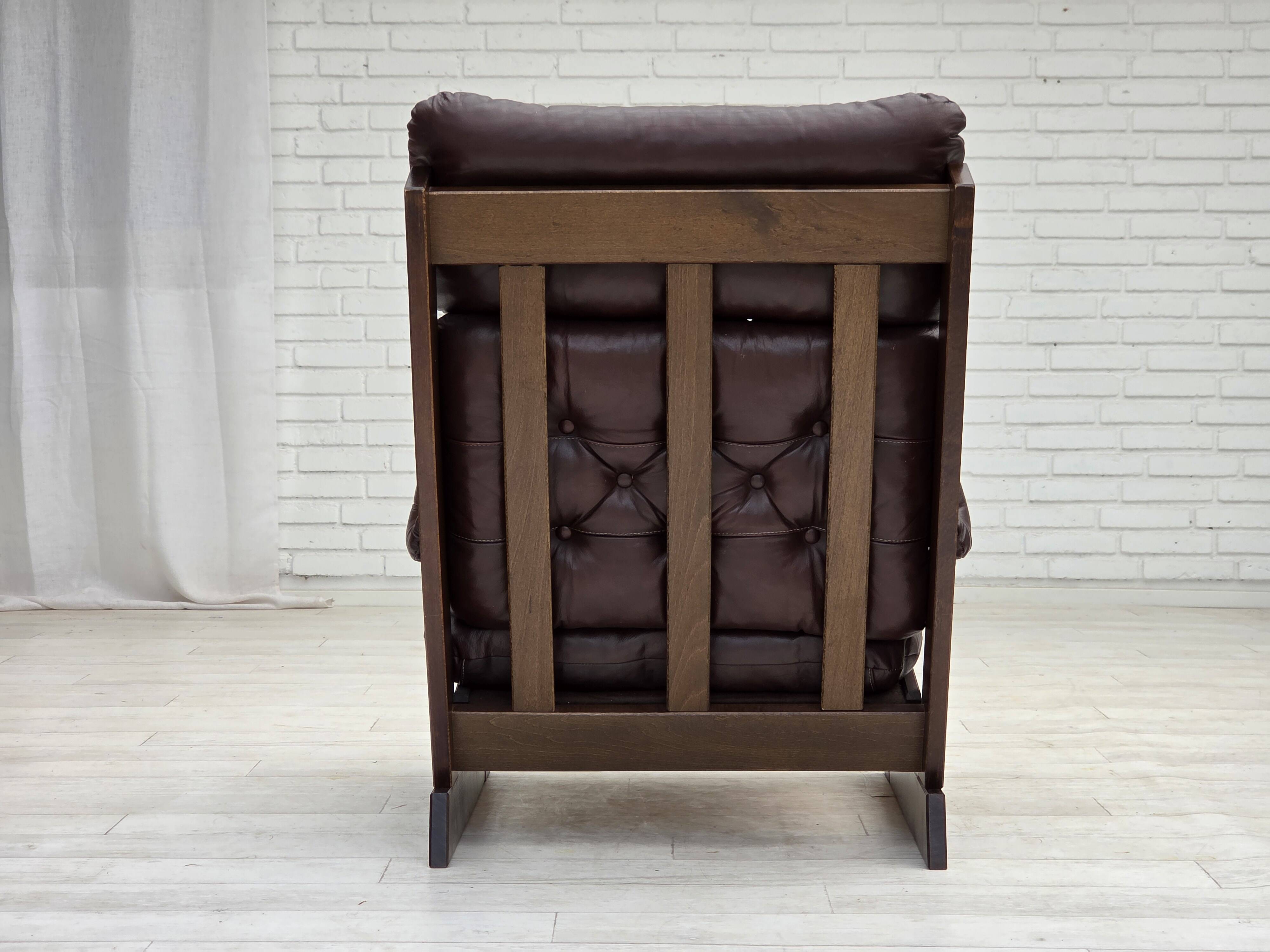1970s, Scandinavian highback armchair, brown furniture leather, dark beech.