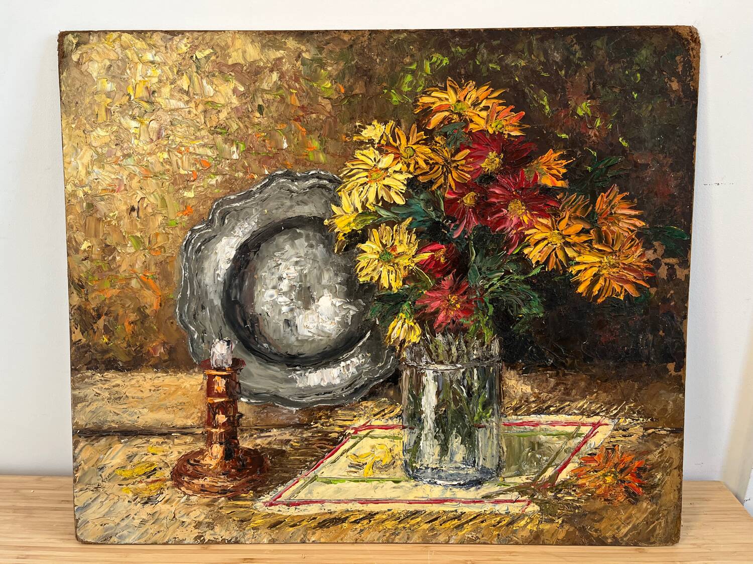 Bouquet avec plateau et bougeoir, technique couteau sur panneau bois
