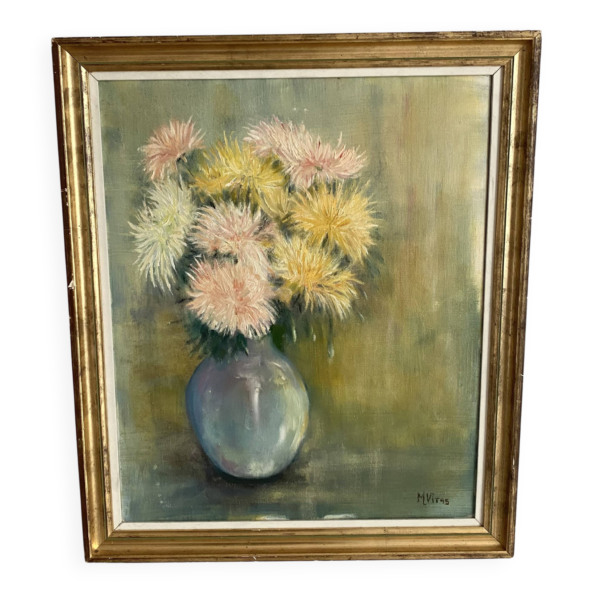 Still life bouquet of chrysanthemums, oil on canvas