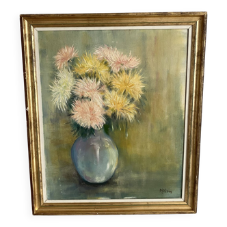 Still life bouquet of chrysanthemums, oil on canvas