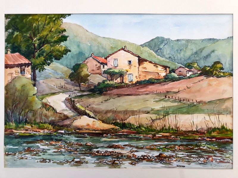 André Duculty (1912-1990) Watercolor on paper "Landscape of Vabres l'Abbaye (Aveyron)" Signed below