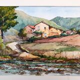André Duculty (1912-1990) Watercolor on paper "Landscape of Vabres l'Abbaye (Aveyron)" Signed below