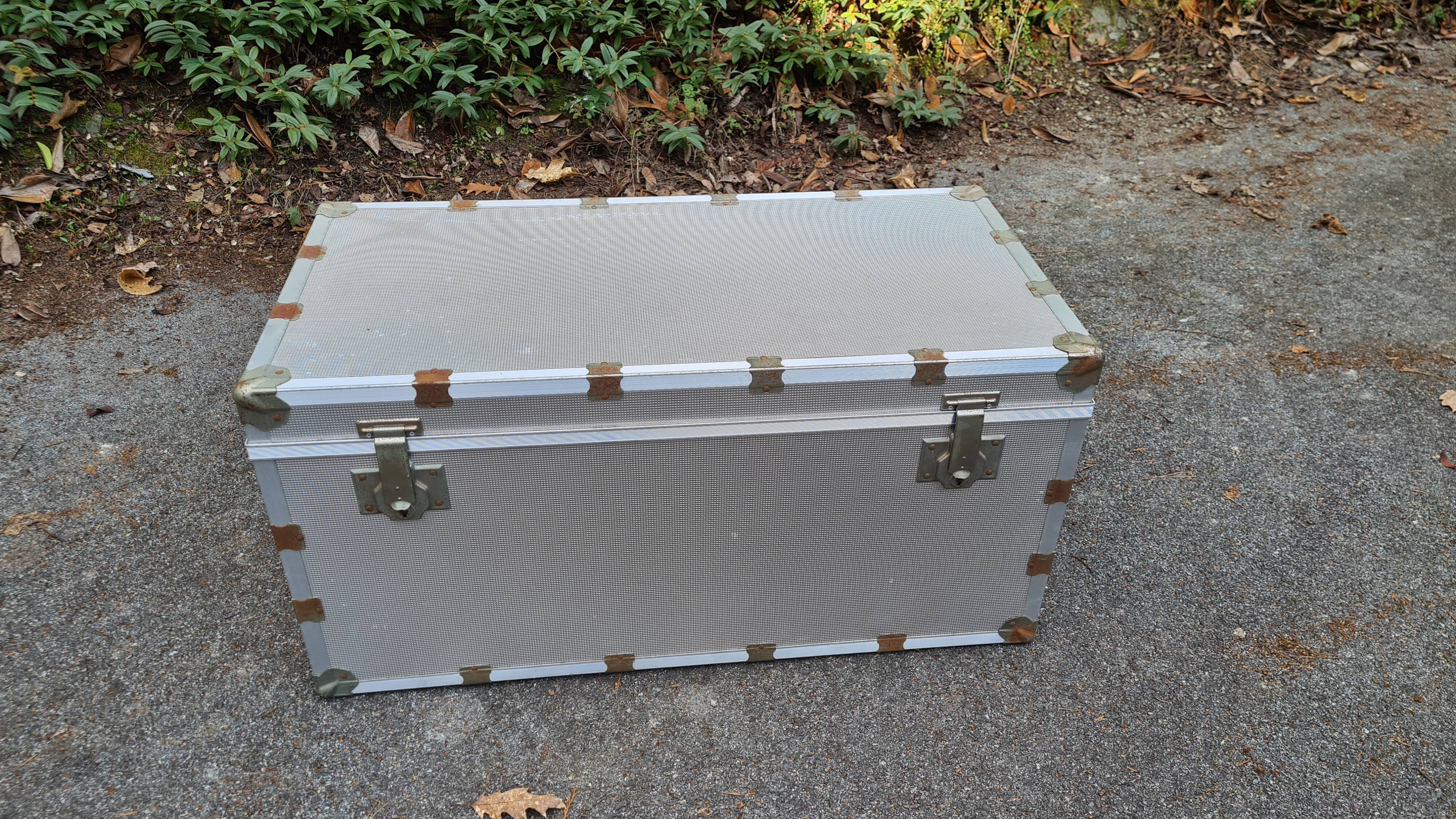 Old metal aluminum trunk / mail trunk / industrial / interior fabric