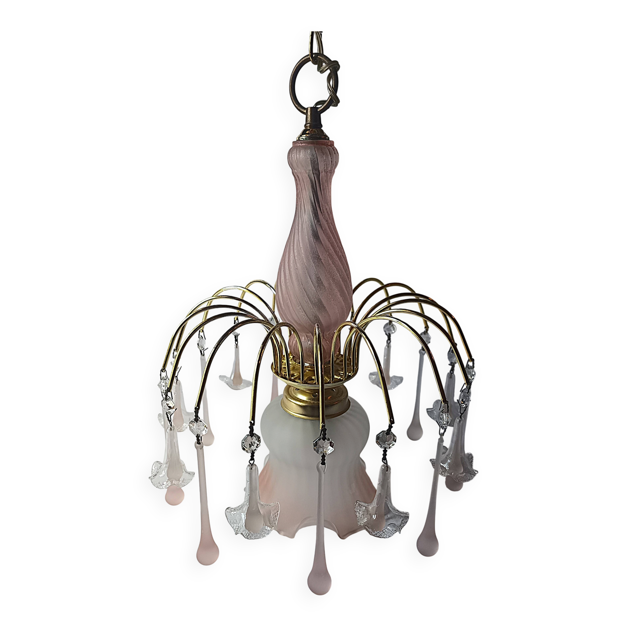 Vintage pink glass drop and flower chandelier pendant light.