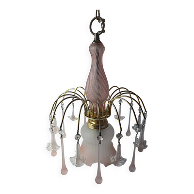 Lustre cascade pampille goutte et fleur verre rose vintage suspension lumin