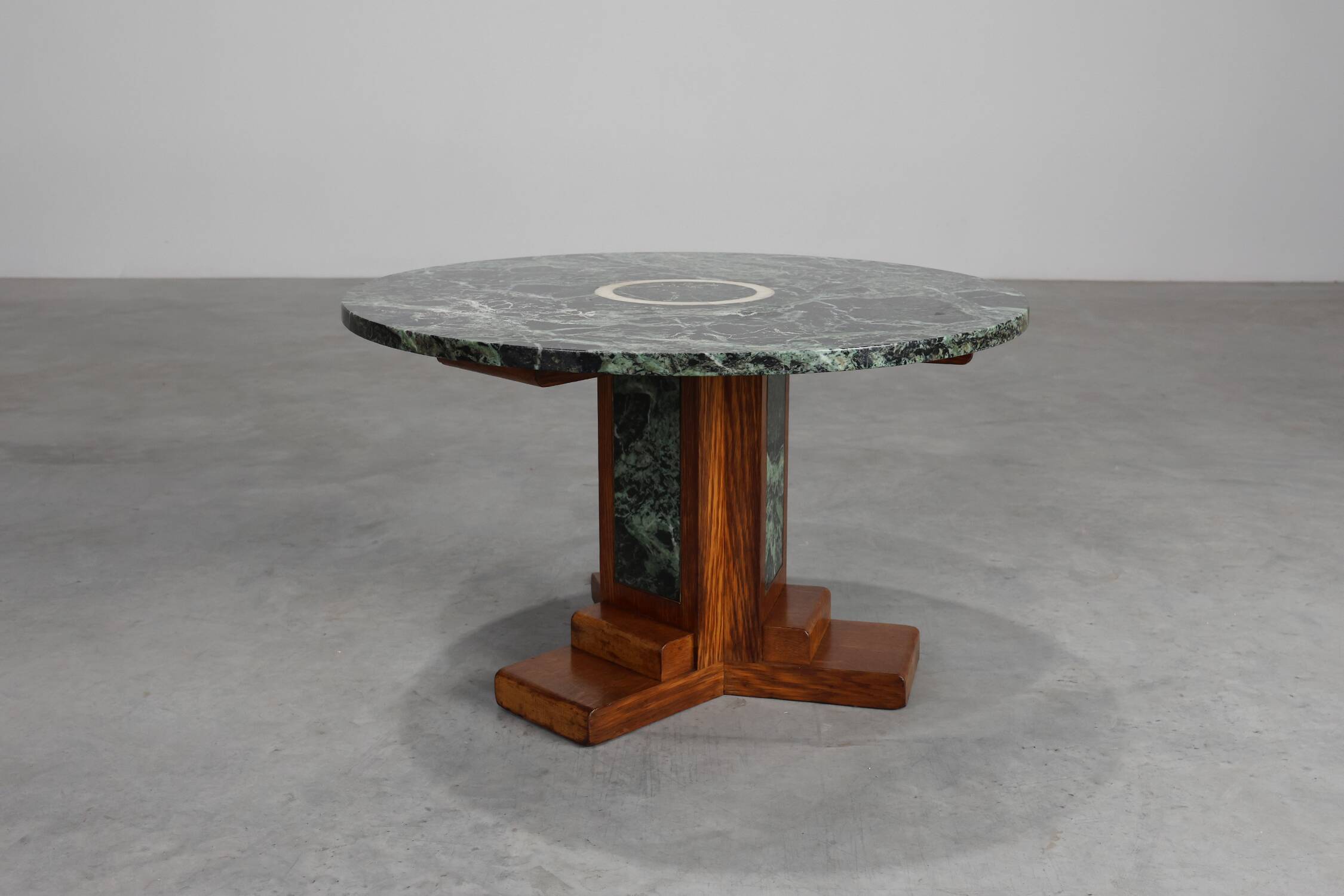 Art Deco Oak and Green Marble Coffee Table, France, 1920