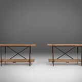 Industrial side table with metal frame and wooden top and removable platform, Belgium, 1920