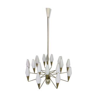 Italian mid-century modern brass and opaline glass chandelier, 1960