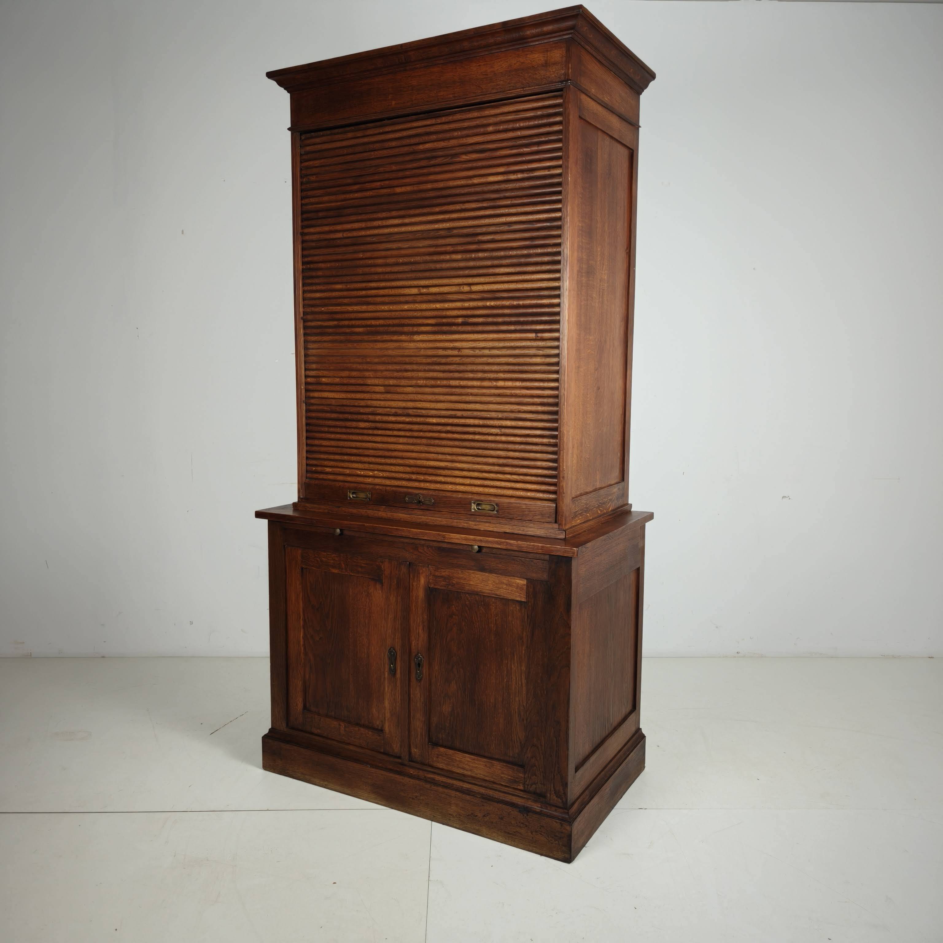 1930s Dutch Oak Roll-Top Notary Cabinet / Archive Cabinet
