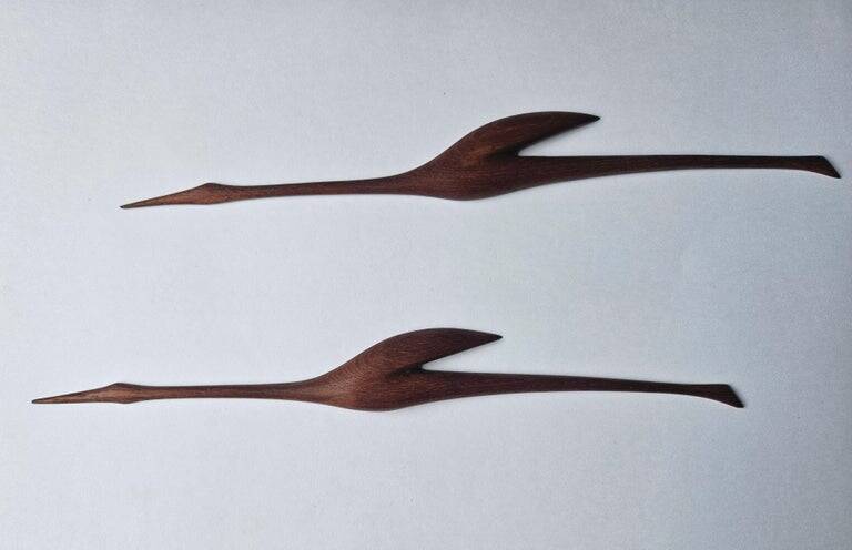 Pair of Midcentury Rare Teak Wall Sculptures of Birds Herons, Denmark, 1960
