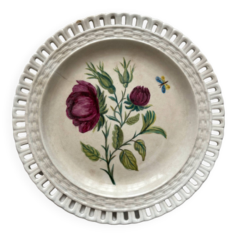 Assiette ajourée en faïence fine, opaque de Lunéville, peinture de fleurs en 1886