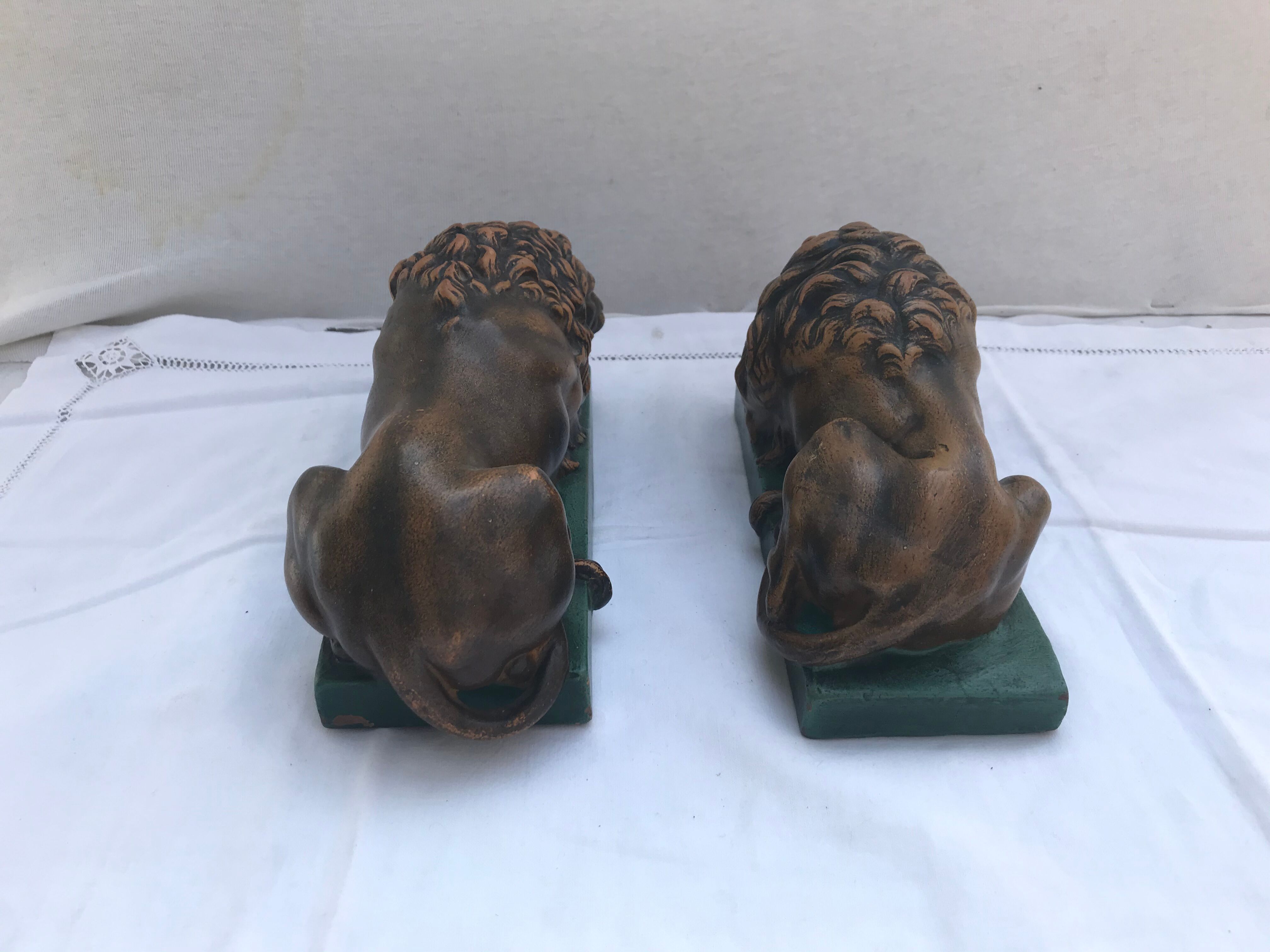 Pair old greenhouse books lions terracotta painted vintage decoration