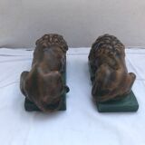 Pair old greenhouse books lions terracotta painted vintage decoration