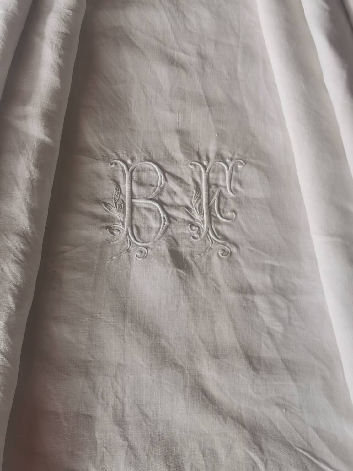 Old very large linen sheet monogrammed BF