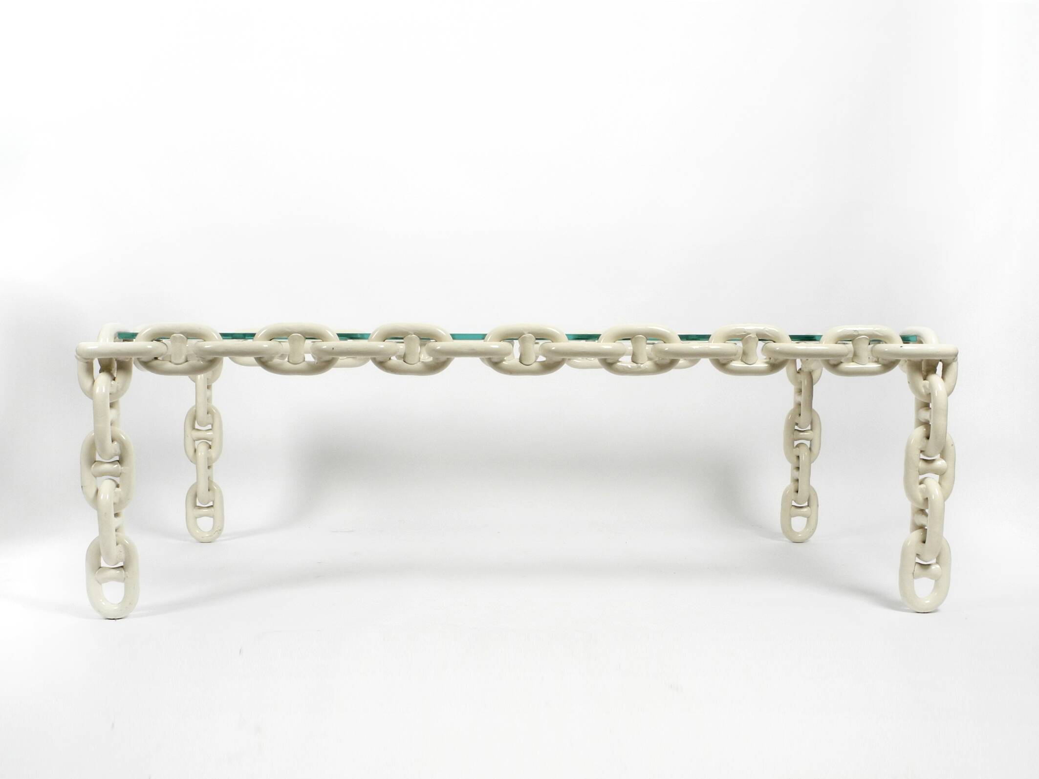 1970s XL Coffee Table Made of Nautical Iron Chain with a Thick Glass Plate