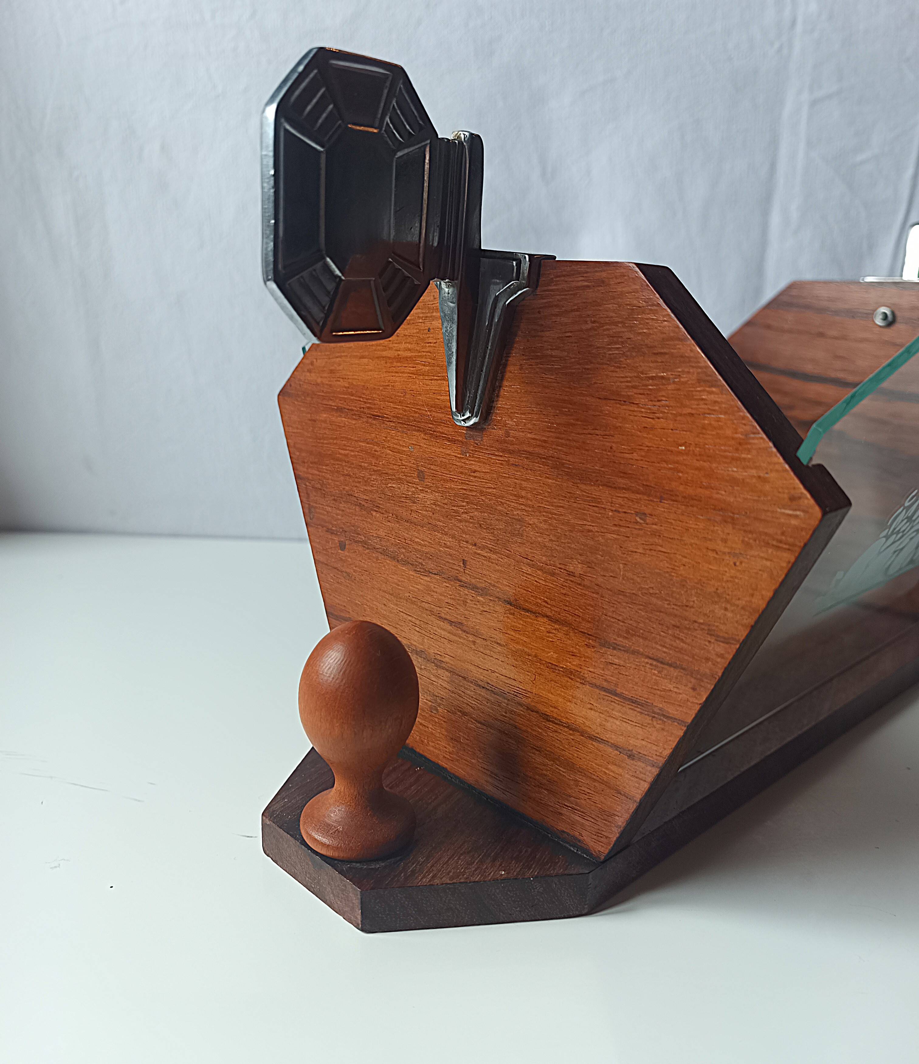 Vintage Art Deco magazine rack wood glass engraved storage furniture