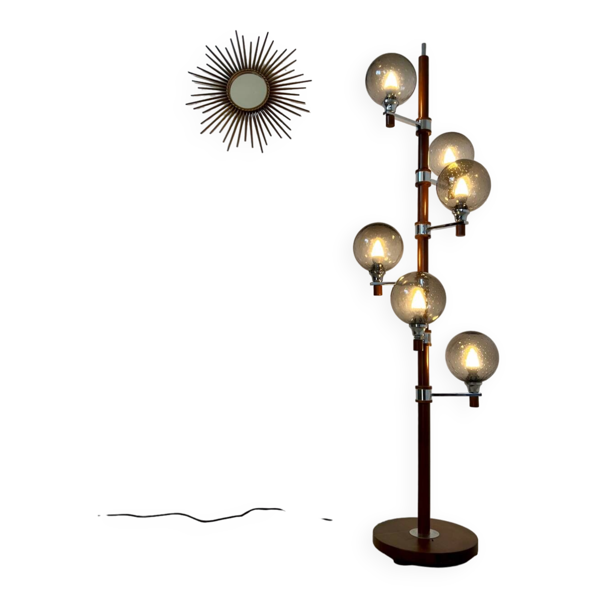 Old Scandinavian design wooden floor lamp from the 60s with 6 vintage lights
