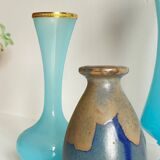 Vintage Blue Stoneware and Opaline Glass VASES