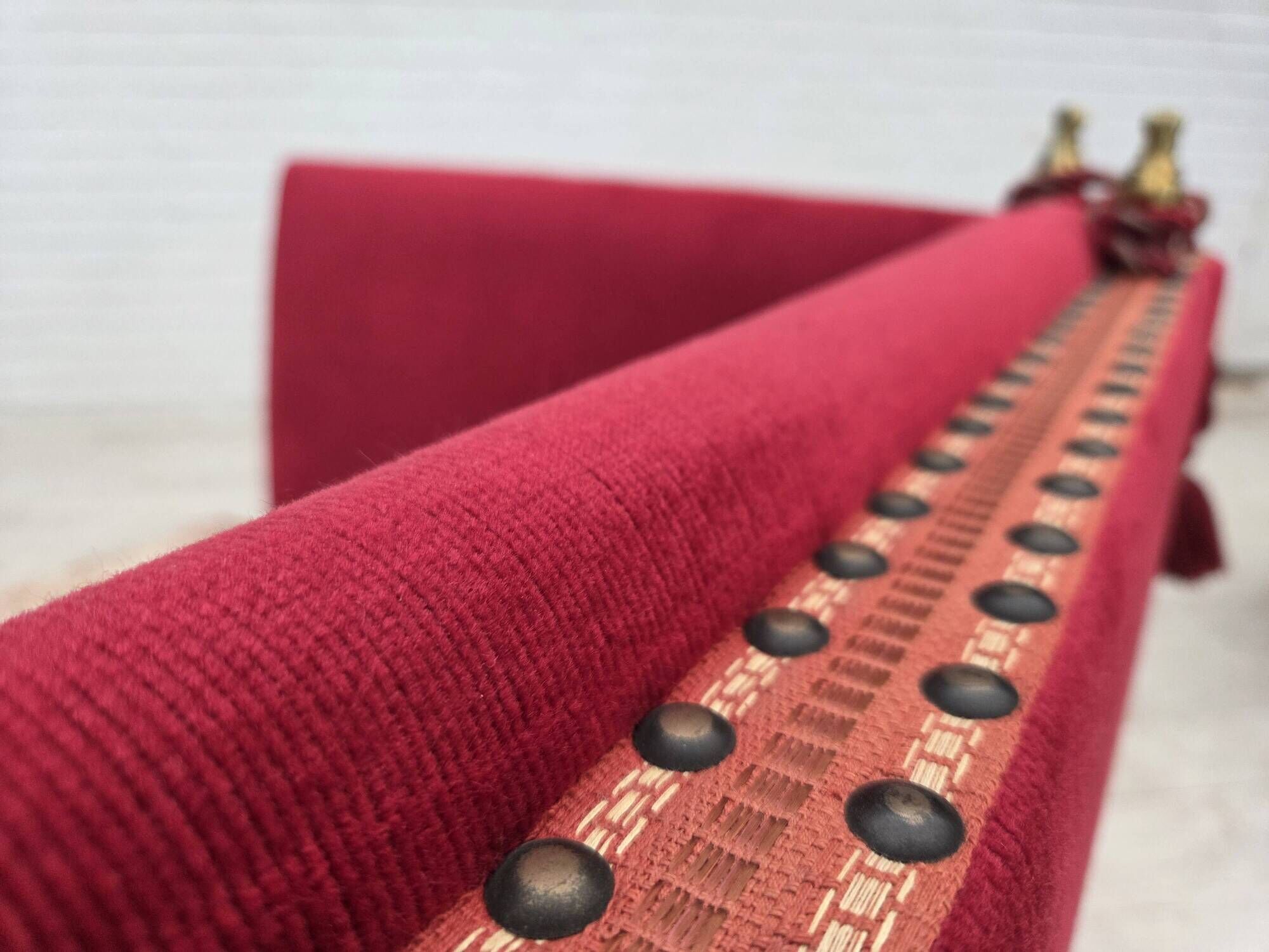 1970s, Danish 2-seater "Spanish" drop arm sofa, furniture velour.