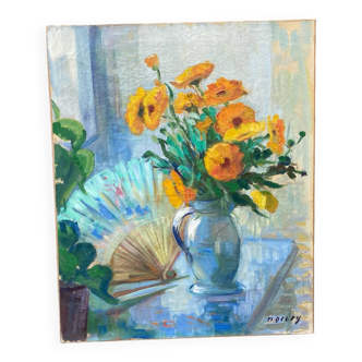 Still life with bouquet and fan, painting on canvas.