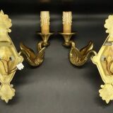 Pair of Empire style swan wall lights from Petitot - bronze & green patina
