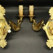 Pair of Empire style wall sconces with swans by Petitot - bronze & green patina