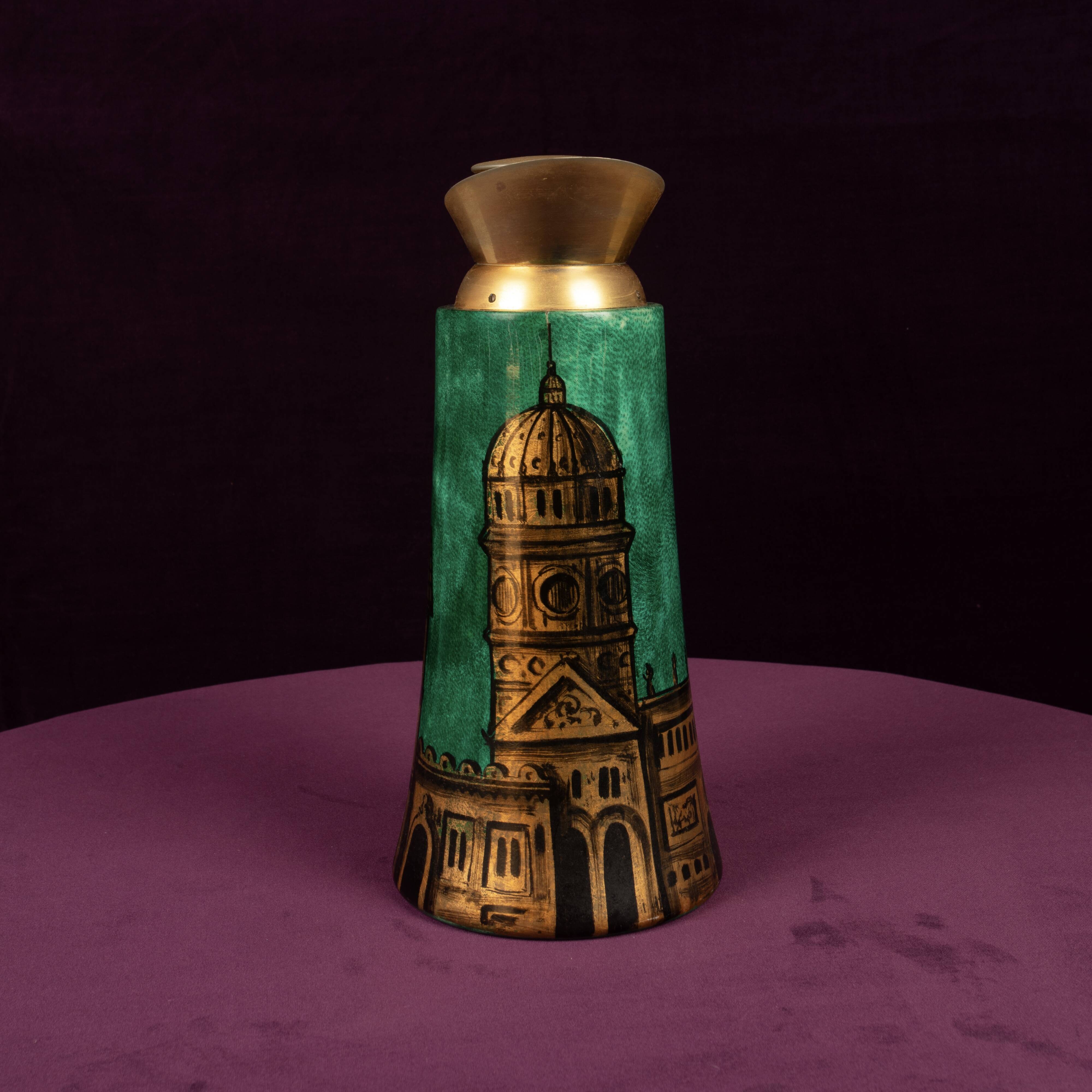 Aldo Tura Mod. 968D Hand-Decorated Green Goatskin Parchment Thermos Italy 1960