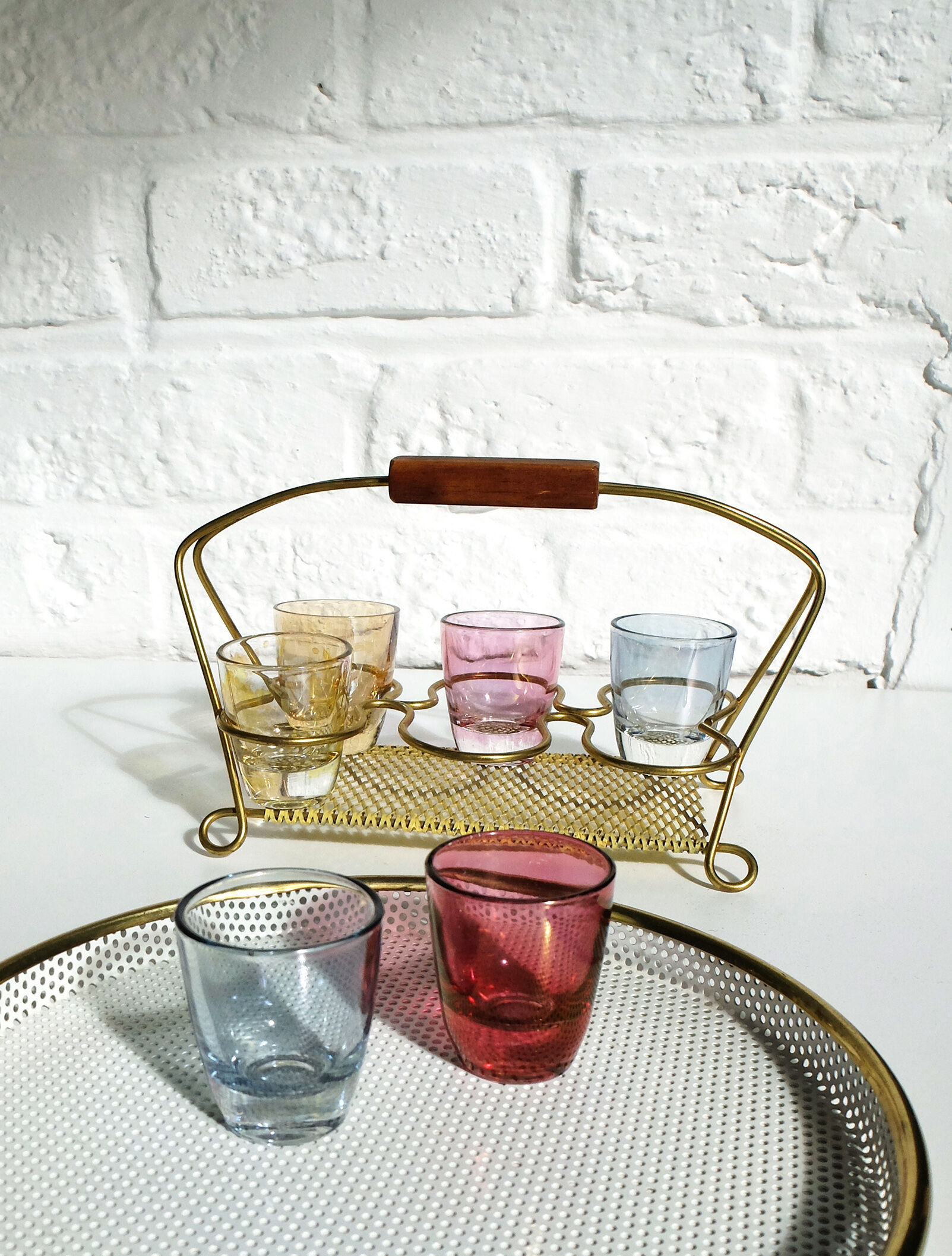 Brass liquor service and multi-color glasses Gold Display Mid-Century 1950s-60s