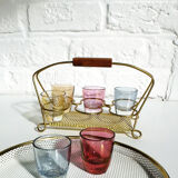 Service à liqueur laiton et verres multi-color présentoir doré Mid-Century années 1950-60