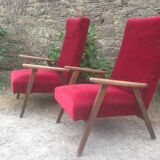 Pair of vintage armchairs with compass legs in beech and velvet.