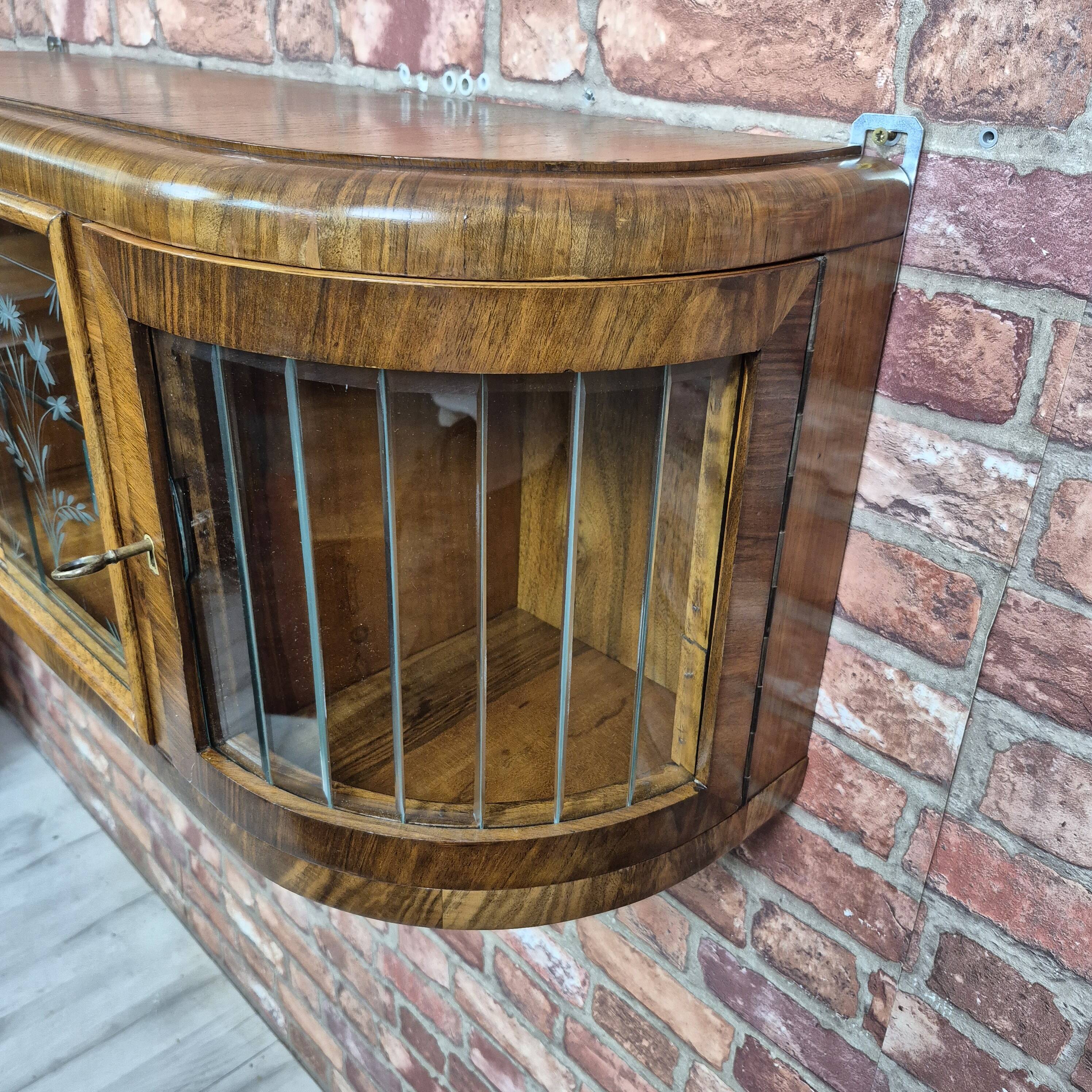 Upcycled Art Deco Walnut Wall Cabinet with Engraved and Slatted Glass - 193