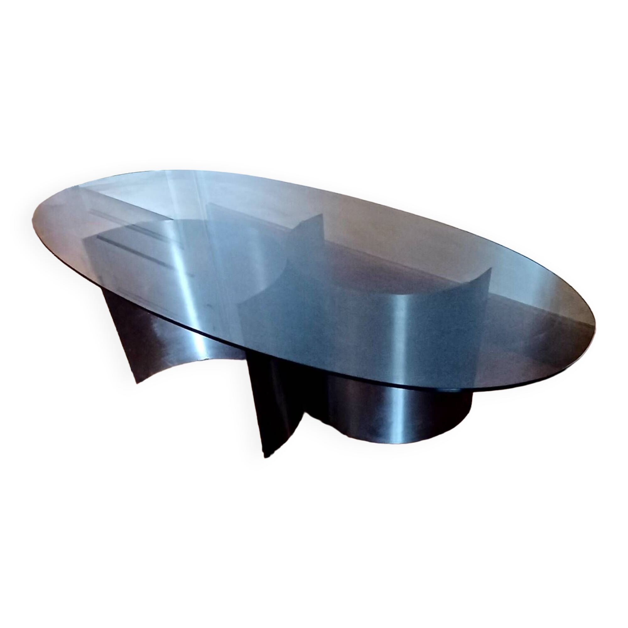 Table basse, acier brossé & verre circa 1970