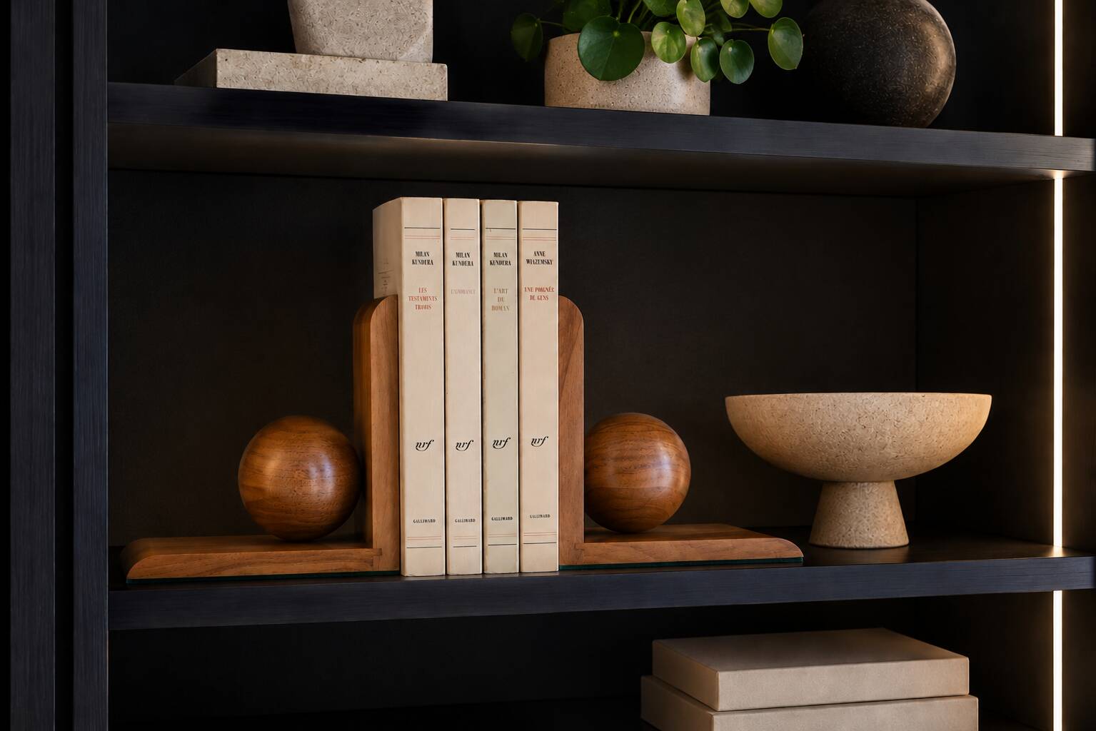 Pair of solid wood bookends with turned spheres – Minimalist design