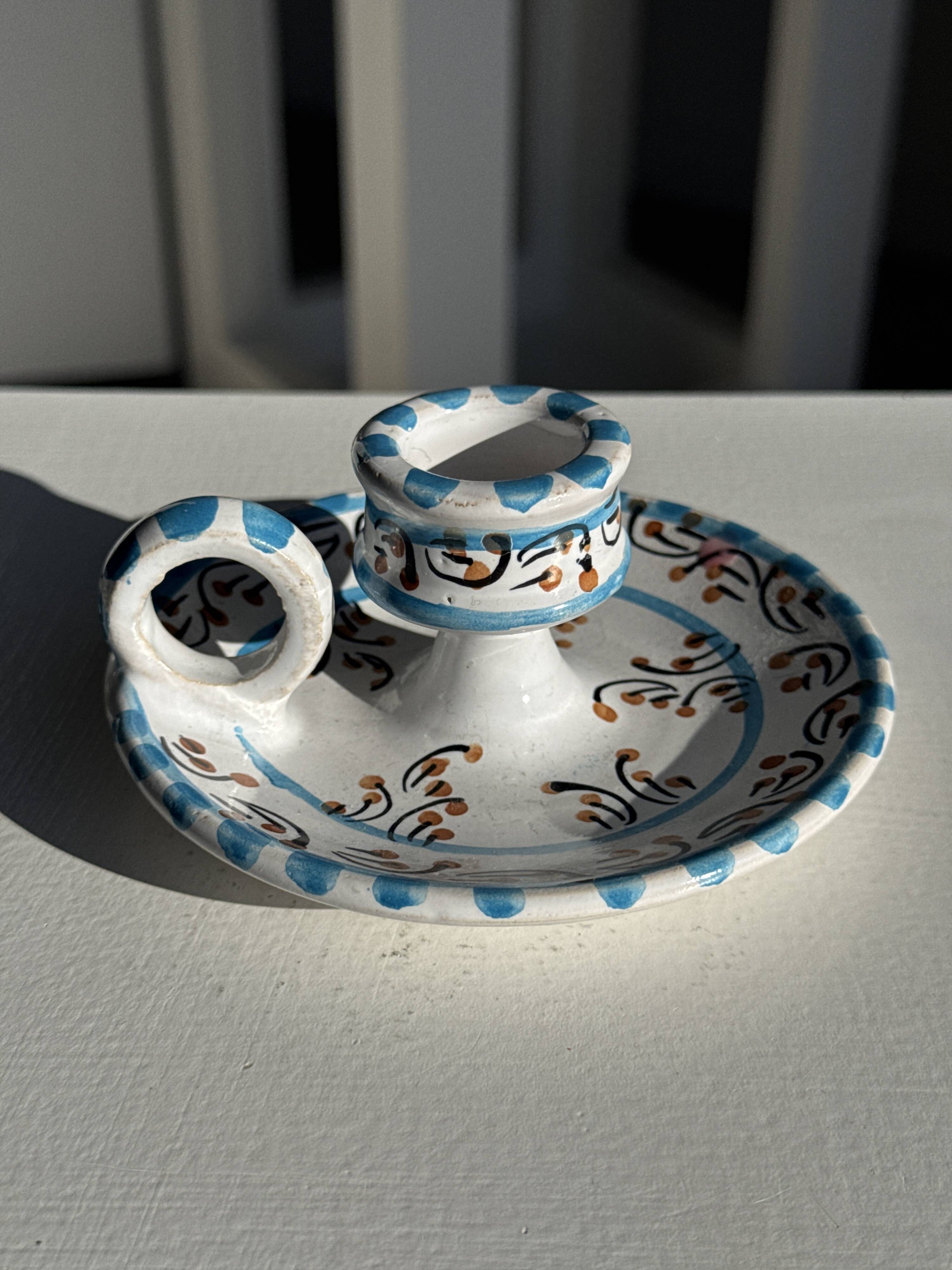 Light blue Moustiers candlestick H5 D12.5