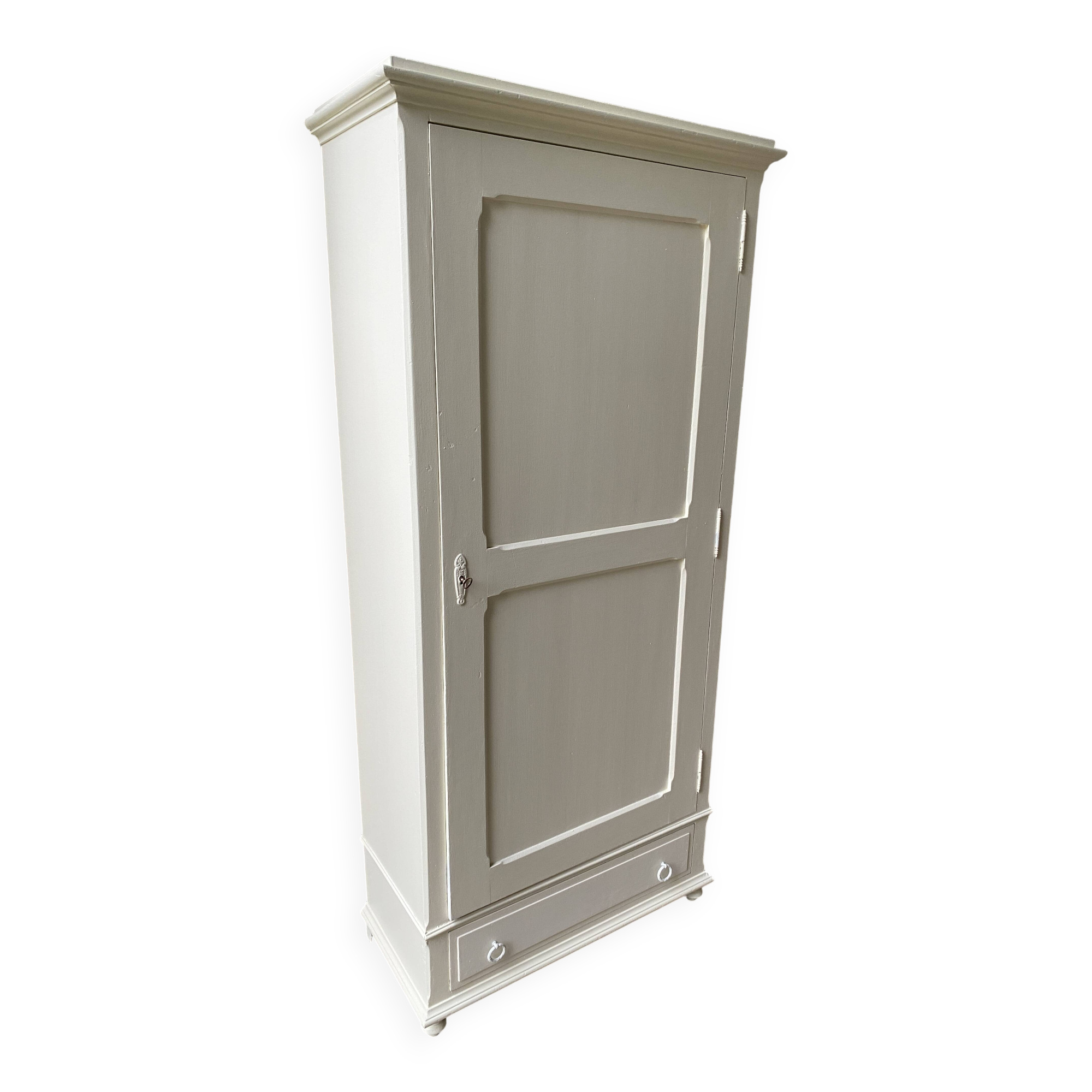 Vintage Parisian wardrobe, pale yellow lacquer, one door, three shelves, one drawer