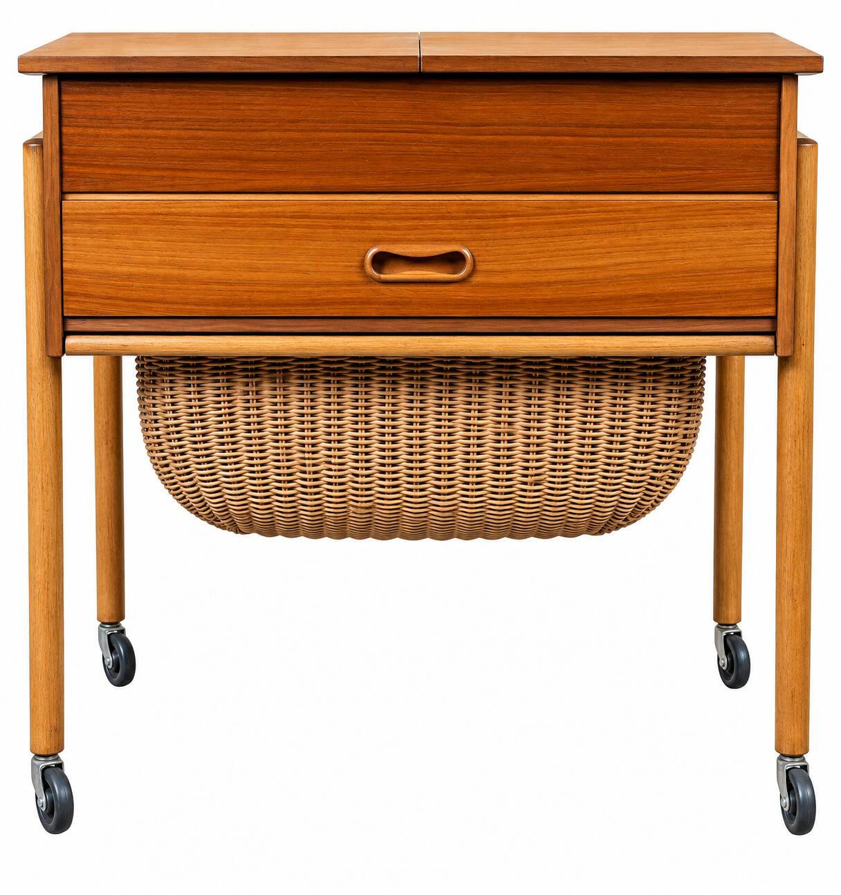 1960s 1970s Teak Sewing Box Sewing Table Utensil Holder with Basket