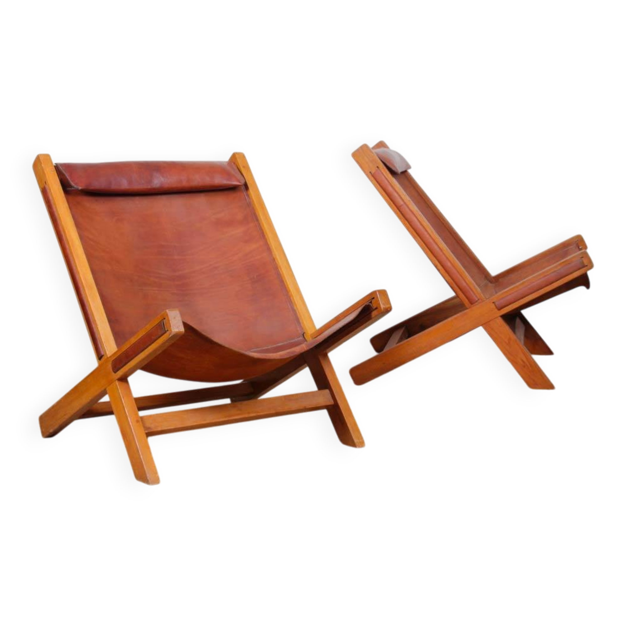Pair of large wooden and leather armchairs from the 1980s
