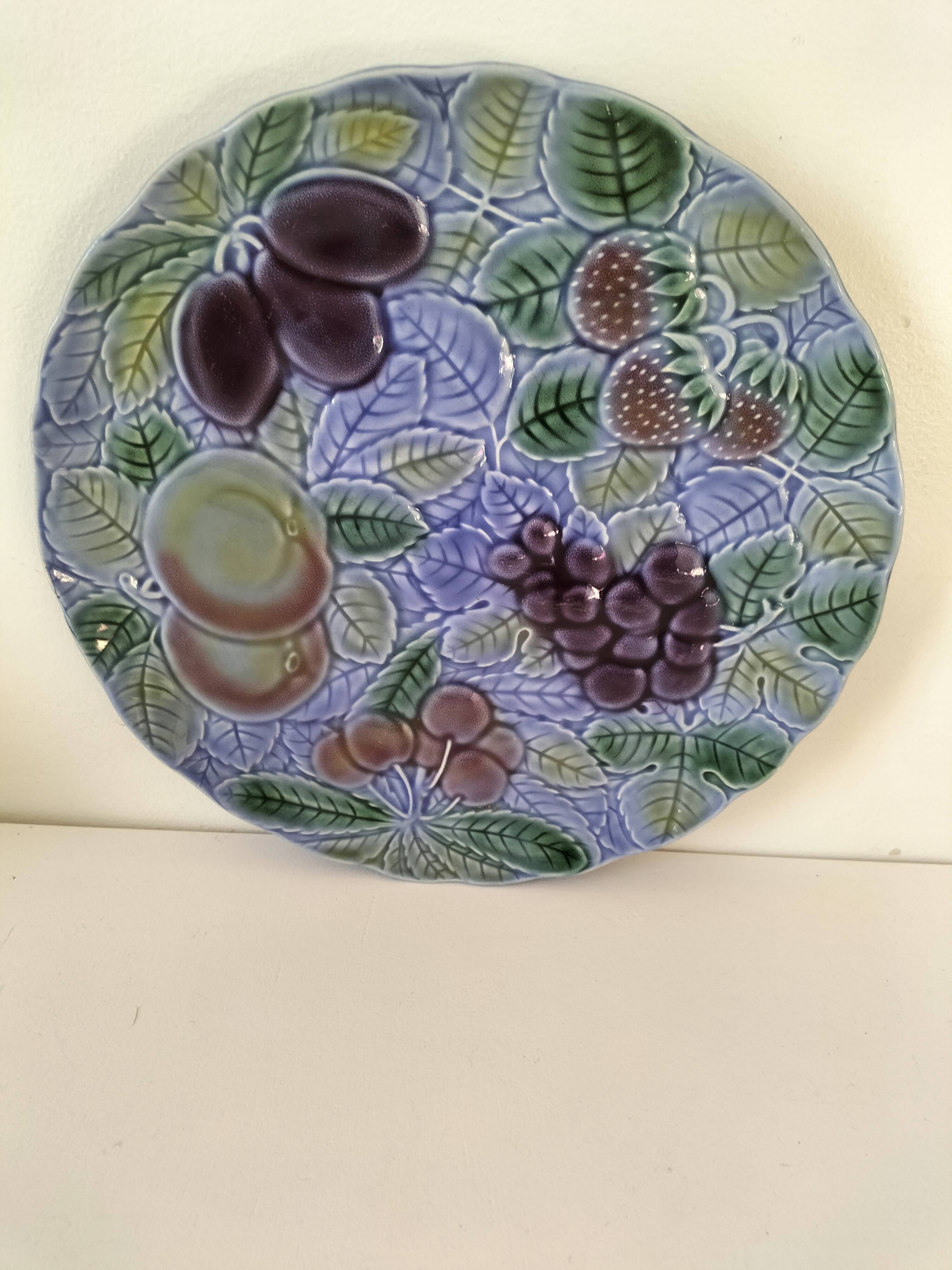 Large barbotine plate Salins blue lavender 80s