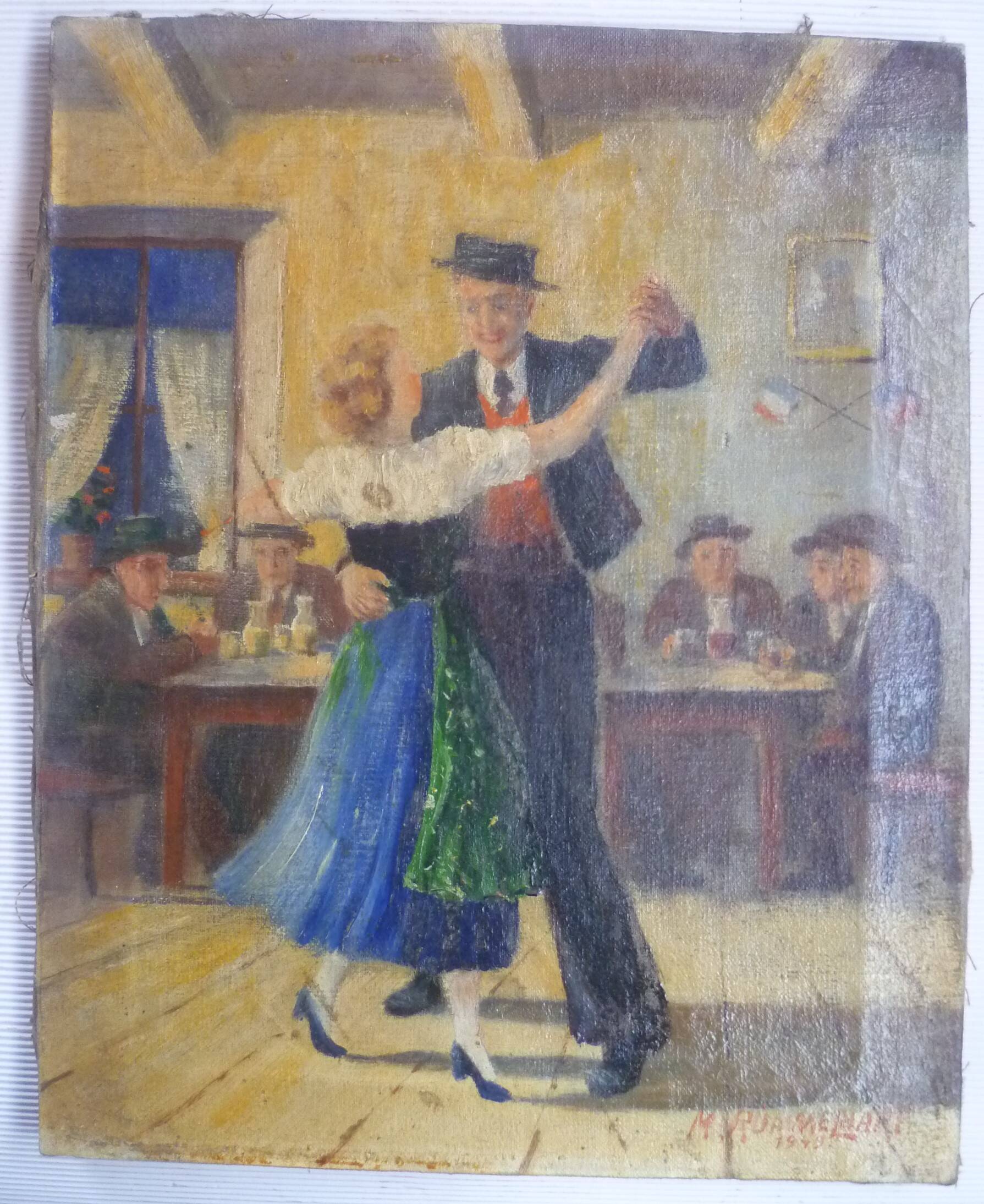 HS PAINTING/CANVAS GENRE SCENE "DANCING COUPLE" signed M.RUMMELHART 1949