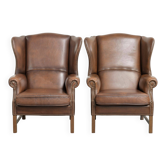 Set of 2 cow leather wingback armchairs in English style