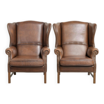 Set of 2 cow leather wingback armchairs in English style