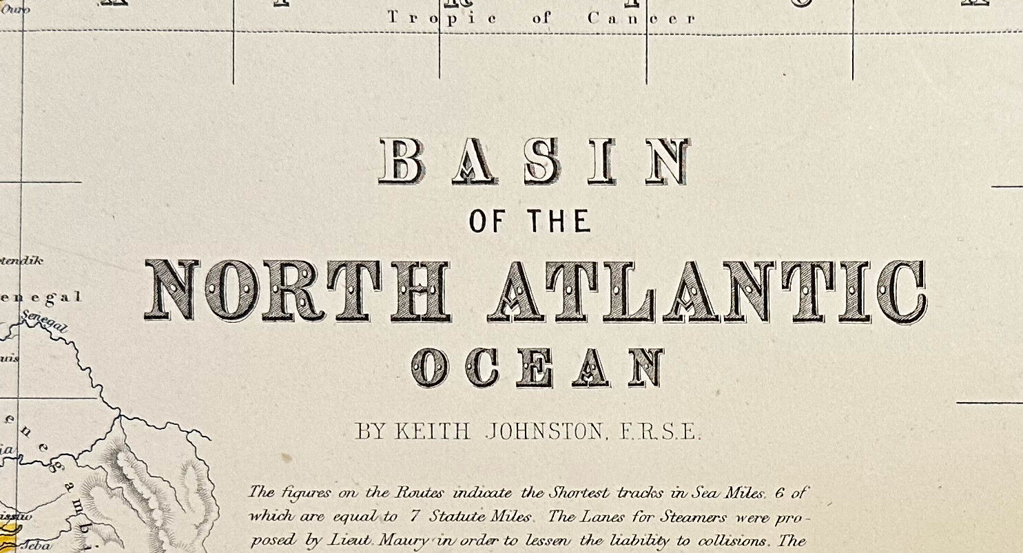 Map of The Northern Atlantic Ocean c1869 Keith Johnston Royal Atlas Hand coloured map