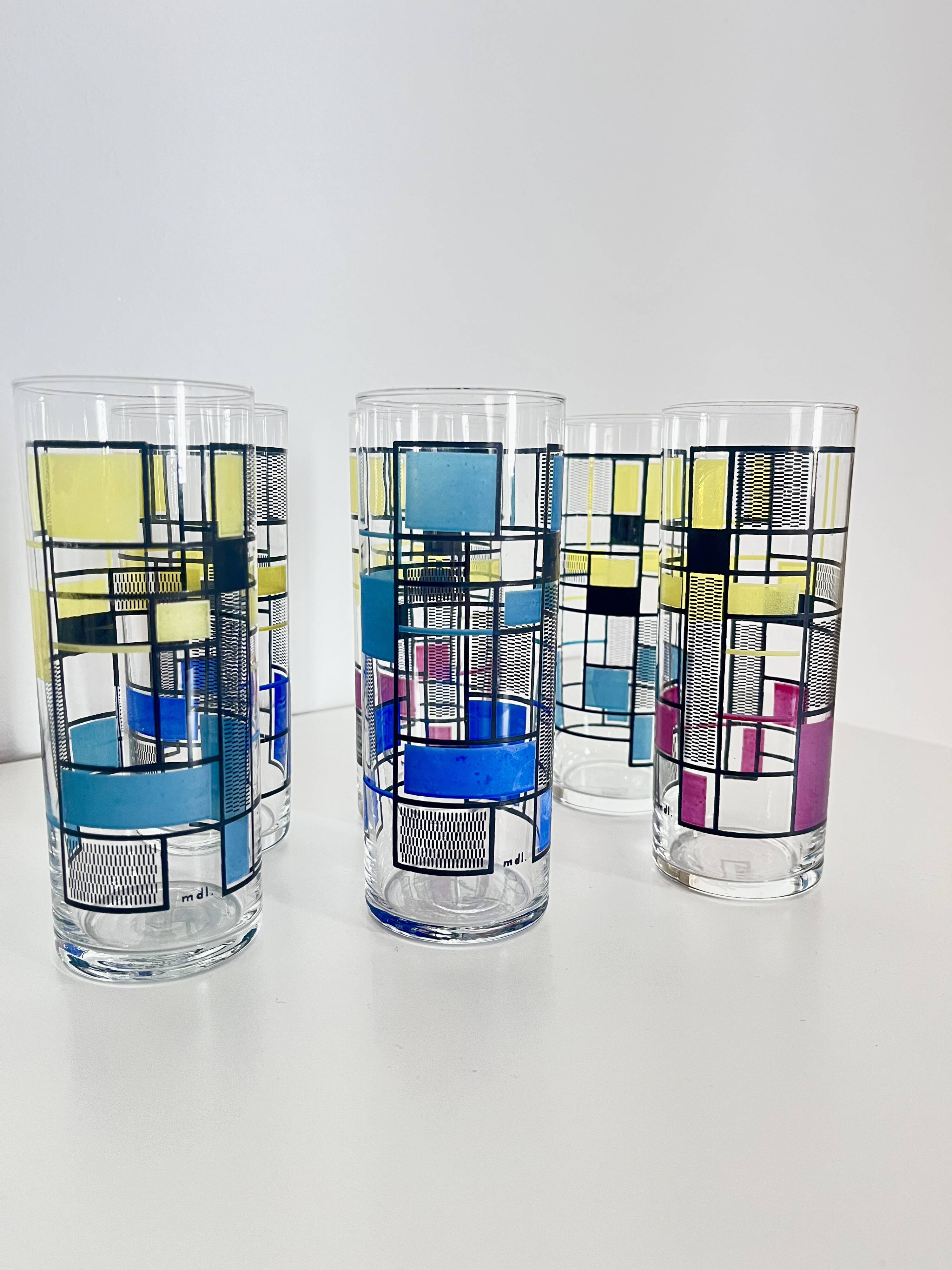 Set of 6 Vintage Hand-Painted Tall Glasses, USA 1950s-60s