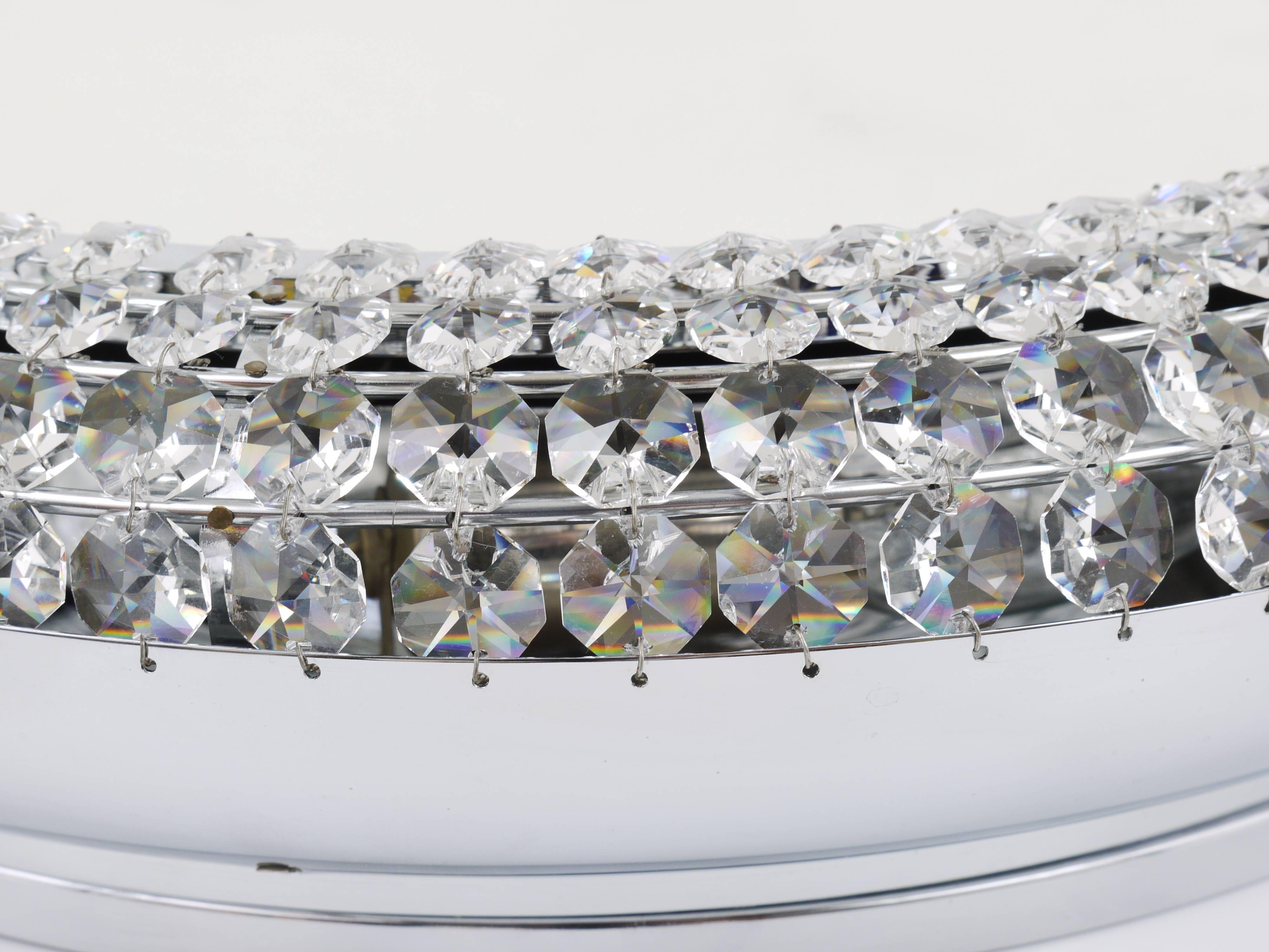 Round Wall Mirror in Bakalowits Style with Faceted Crystal & Chrome Lighting, 1960s