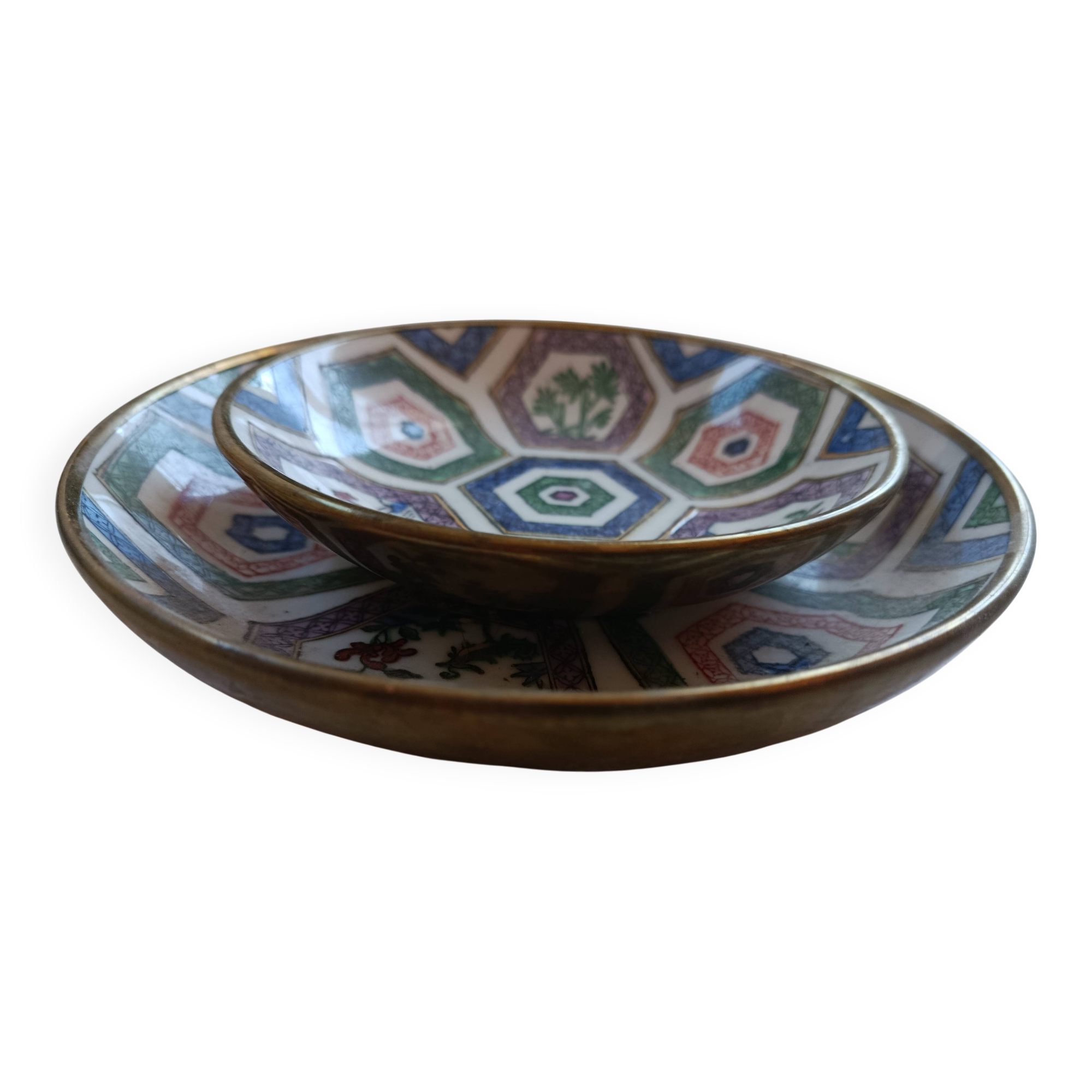 CHINA 20th CENTURY PLATE + BOWL porcelain cloisonné motifs HONG-KONG stamp