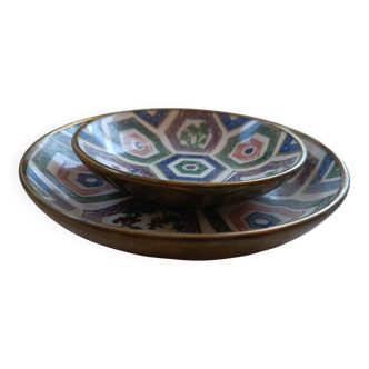 CHINA 20th CENTURY PLATE + BOWL porcelain cloisonné motifs HONG-KONG stamp