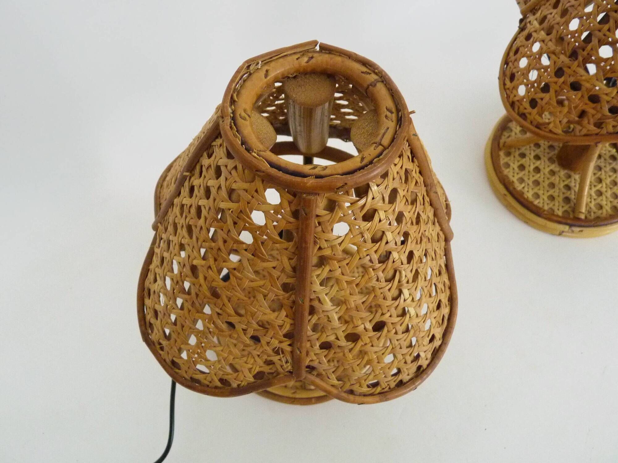 Pair of bamboo rattan caned lamps. Italy 1950s 1960s.