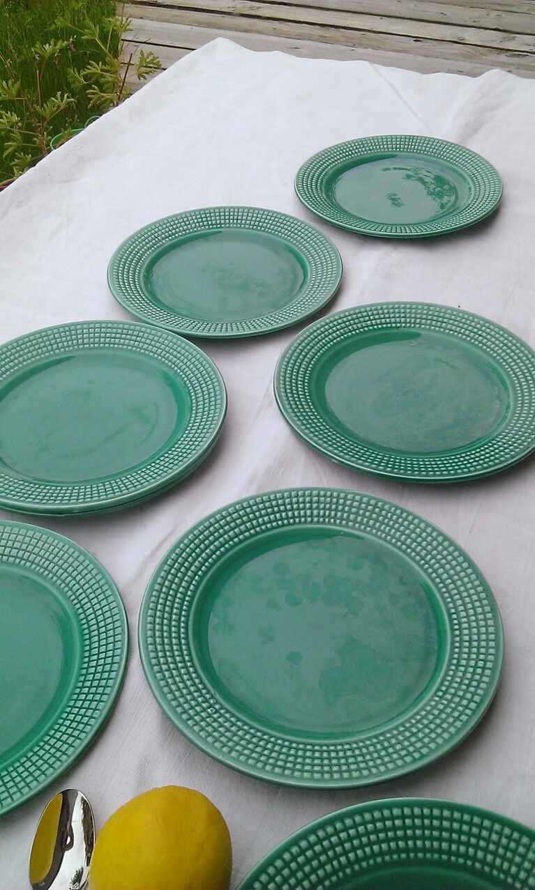 9 Plates blue green earthenware dessert