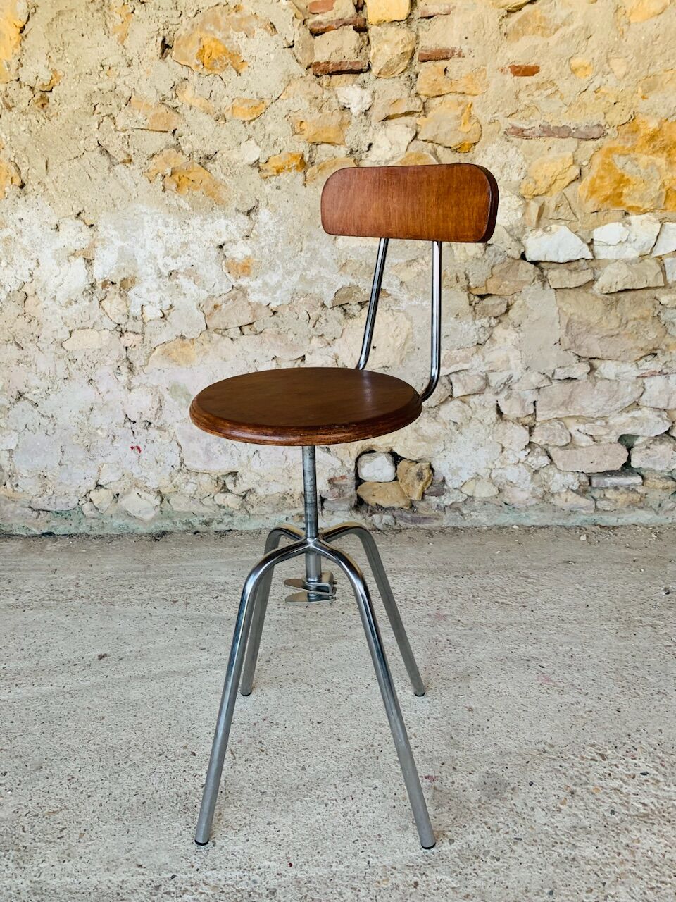 Vintage industrial metal and wood stool with adjustable swivel seat, 1960's